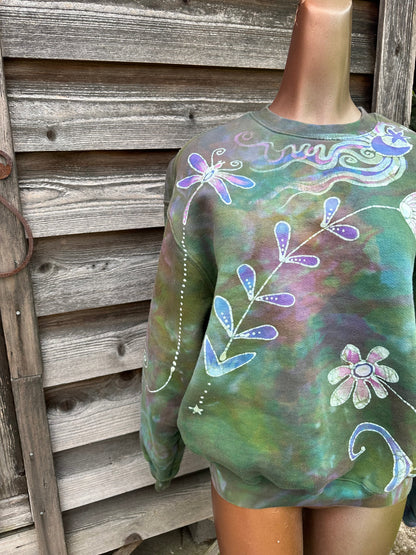 Dragonfly Garden Puffy Crew Neck Sweatshirt ONE SIZE Tops Batikwalla by Victoria 