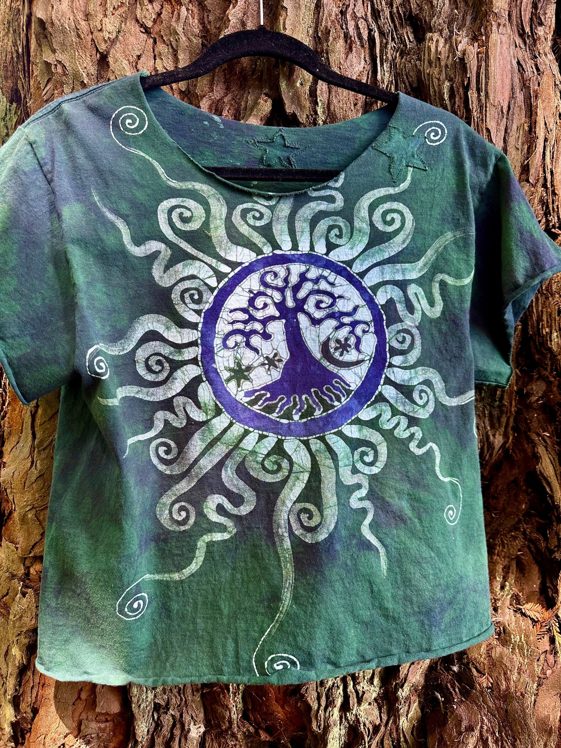 Tree of Life in Teal and Purple Cotton Tee - Size Medium Shirts & Tops Batikwalla by Victoria 