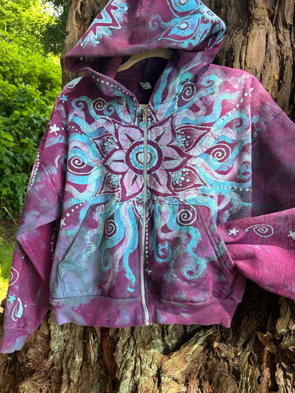 Pacific Bliss Lotus Flower Handmade Batik Hoodie - Turquoise Waves hoodie batikwalla M/L 