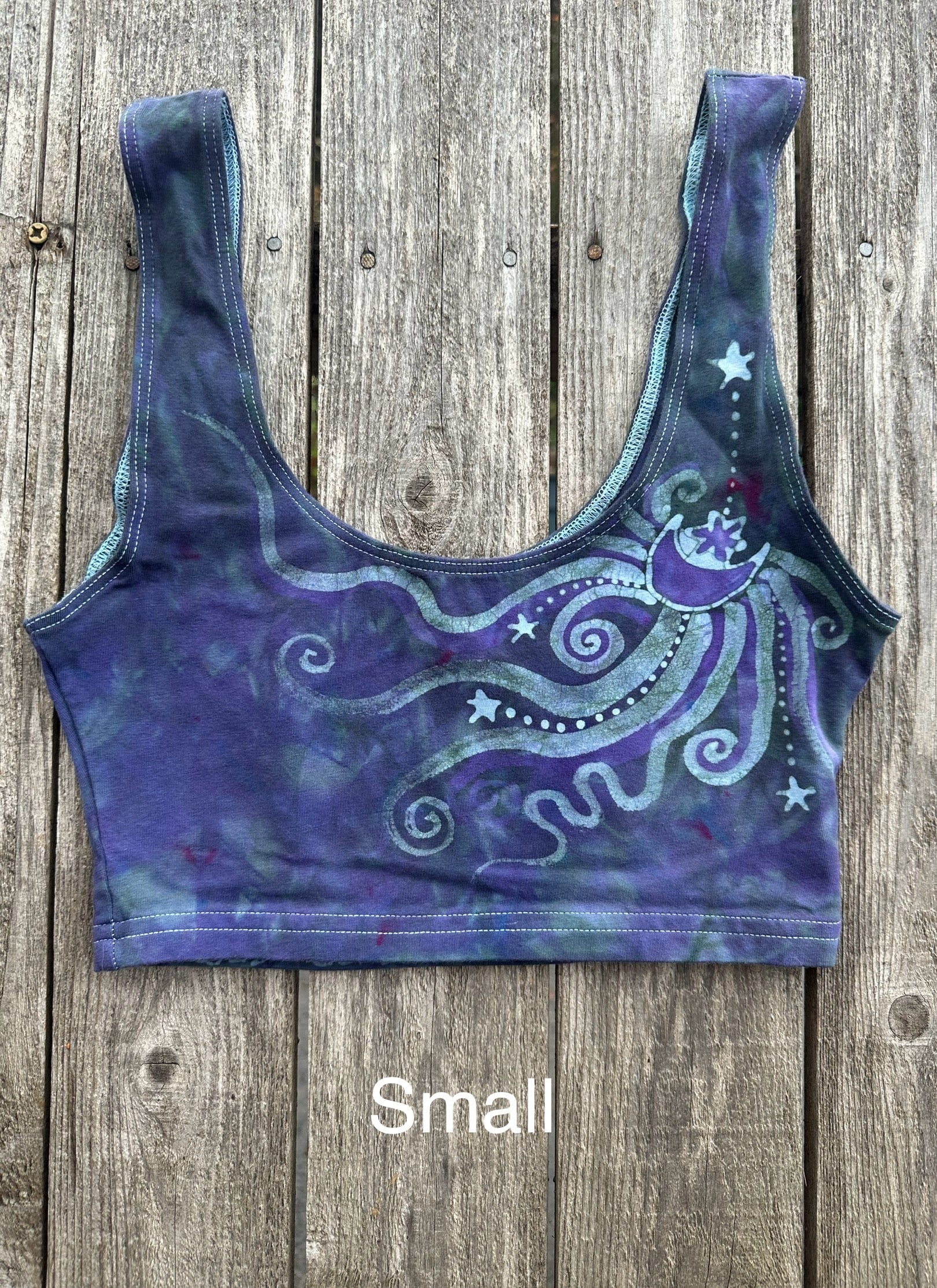 Teal and Purple Moonbeams with Stars Hand Painted Batik Sports Bra