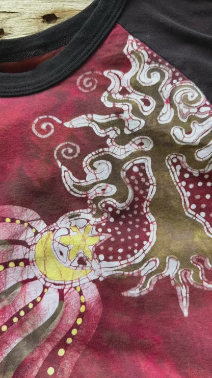 Tree & Moonbeam Rays Batik Tee – 3/4 Sleeve Artist Shirt in Deep Red
