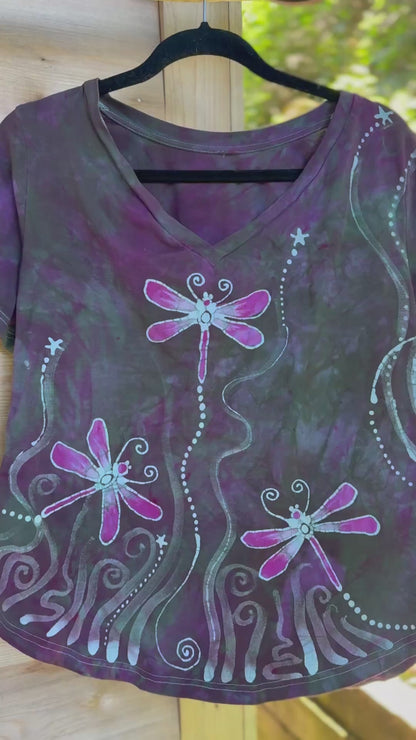 Dragonfly Dreams Batik V-Neck Tee – Purple Fiber Art Shirt