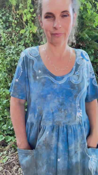 Blueberry Chocolate Moonbeams and Stars – Handmade Batik Dress with Pockets - Size 2X