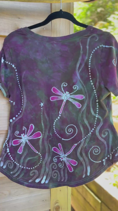 Dragonfly Dreams Batik V-Neck Tee – Purple Fiber Art Shirt