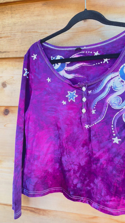 Bright Magenta Purple Moon and Stars Batik Long Sleeve Scoop Neck Tee