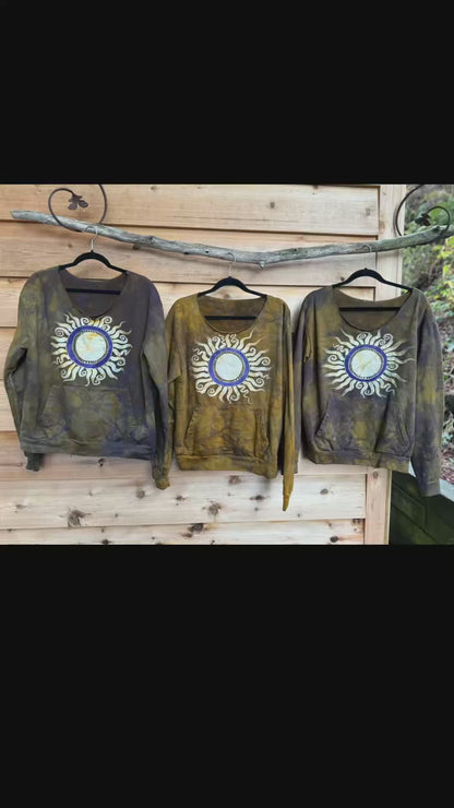 Dark Gold Sun Mandala Batik Sweatshirt – Hand-Painted Open Neckline with Pockets
