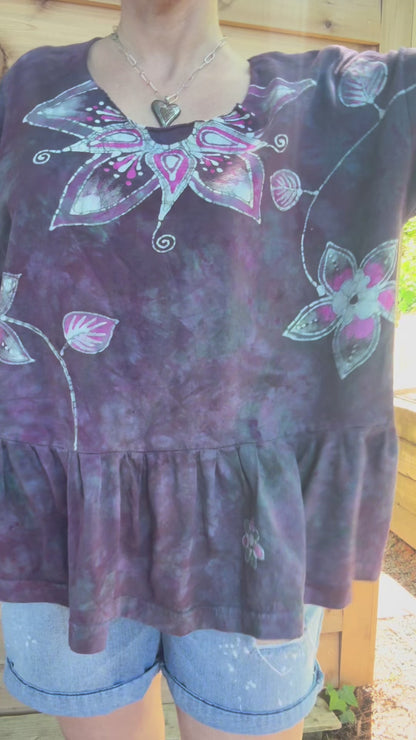 Mystic Bloom Batik Top – Purple & Pink Floral Hand-Painted Peplum Blouse