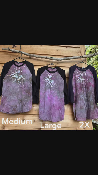 Plumberry Sage Moon & Stars Batik Tee – ¾ Sleeve Artist Shirt in Plum & Green