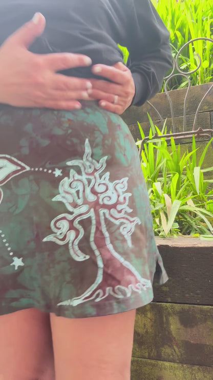 Tree Sun and Moon Batik Skort – Handmade Boho Skirt-Shorts in Woodland Green