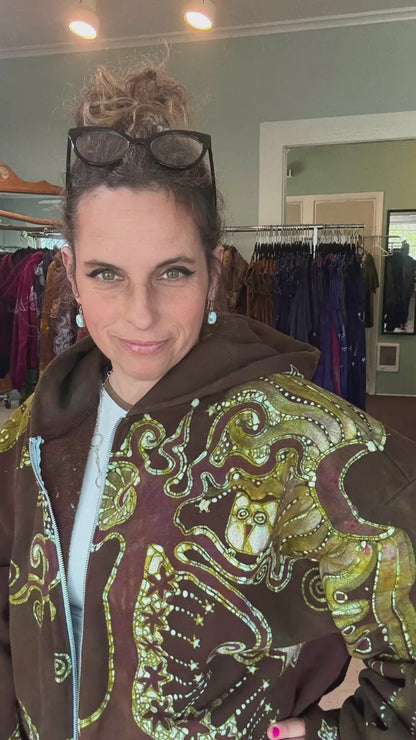 Green Owl Sitting in the Tree of Life – Handcrafted Batik Zipper Hoodie