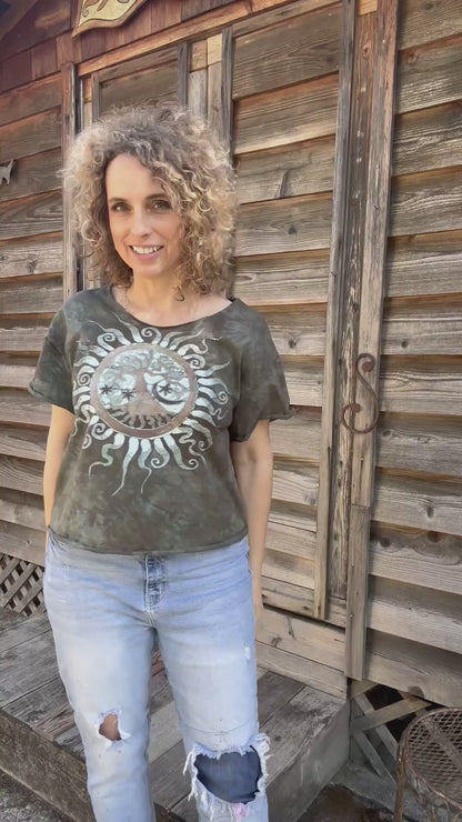 Cedar Forest Tree of Life – Handmade Batik Cotton Cropped Tee – Sizes S, M, XL