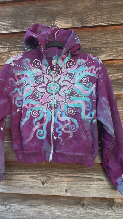 Pacific Bliss Lotus Flower Handmade Batik Hoodie with Turquoise Waves