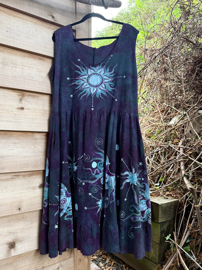 Galaxy Flower Handmade Purple Batik Dress With Pockets - Size XL Batik Dresses Batikwalla 