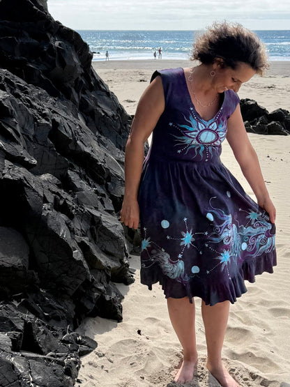 Galaxy Flower Handmade Purple Batik Dress With Pockets - Size XL Batik Dresses Batikwalla 