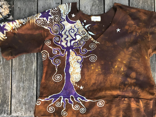 Roots Run Deep Vneck Organic Cotton Handmade Batik Top, Size XL + Batik Dresses Batikwalla 