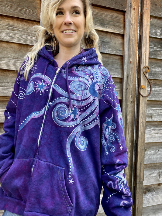 Starseed Moonbeams In Purple Passion - Organic Cotton Zip Up Batik Hoodie - in 2X hoodie batikwalla 