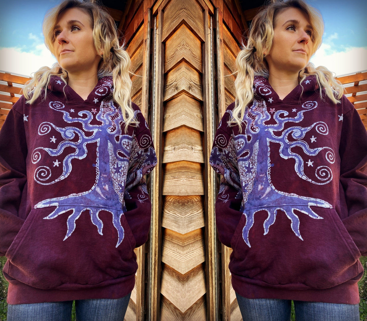 Tree Moon Magic All Around Me in Burgundy Purple Pullover Hoodie - Handcrafted Batik - Size SMALL hoodie batikwalla 