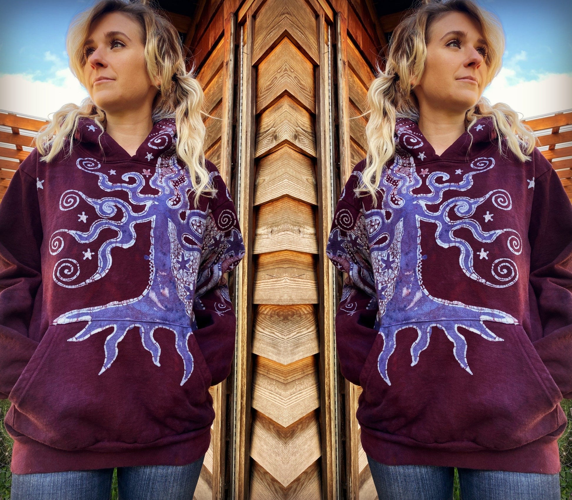 Tree Moon Magic All Around Me in Burgundy Purple Pullover Hoodie - Handcrafted Batik - Size SMALL hoodie batikwalla 