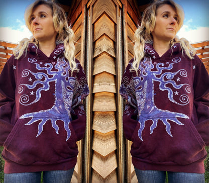 Tree Moon Magic All Around Me in Burgundy Purple Pullover Hoodie - Handcrafted Batik - Size SMALL hoodie batikwalla 