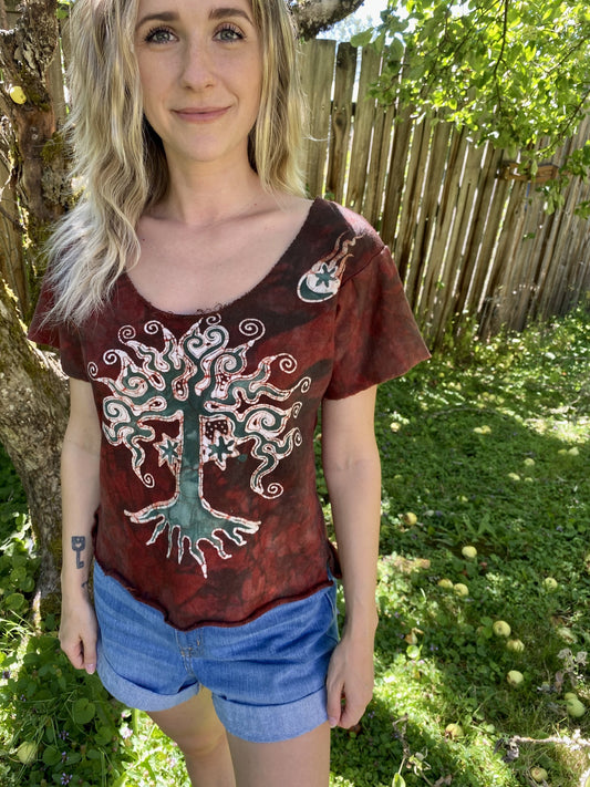 Red Roots Thick Organic Cotton Handmade Batik Top, Size Small Batik Dresses Batikwalla 