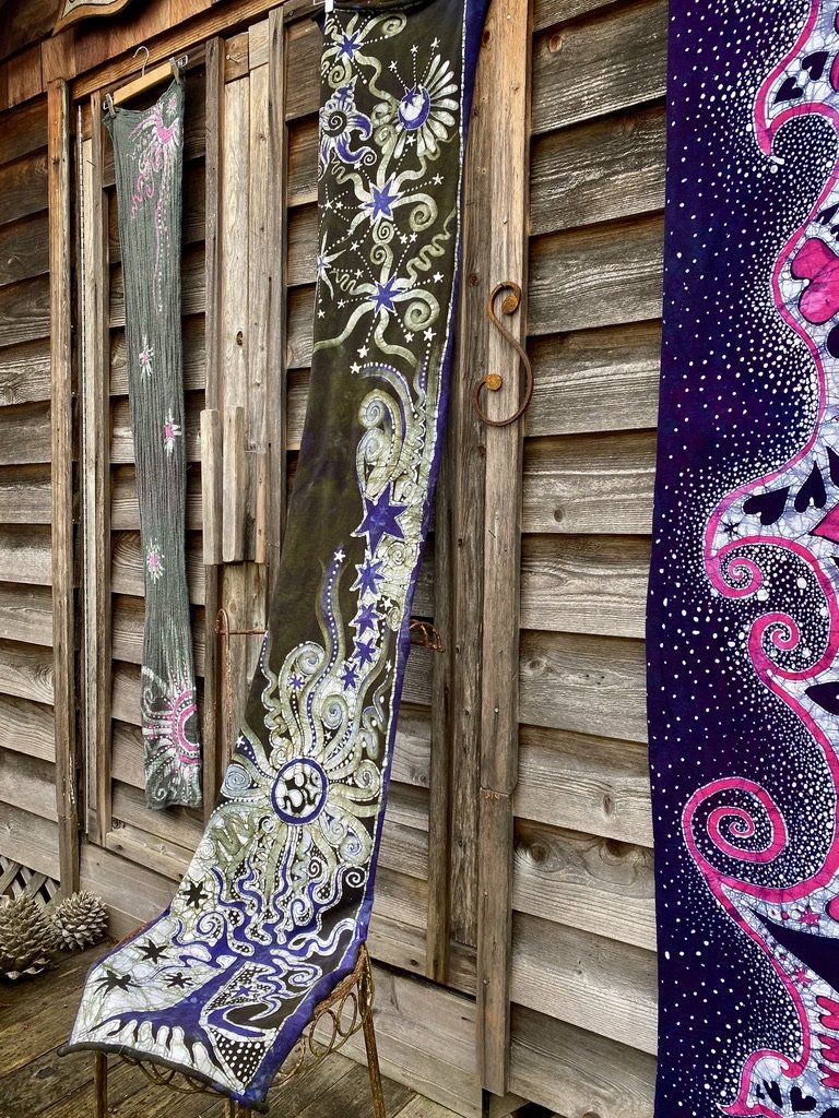 Forest Claims The Green Om Moon - Hand Painted Organic Cotton Batik Scarf scarf batikwalla 