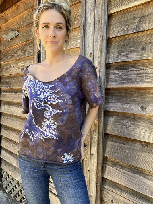 Earth and Sky Organic Cotton Handmade Batik Top, Size Large Batik Dresses Batikwalla 