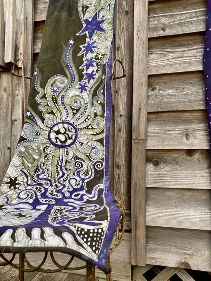 Forest Claims The Green Om Moon - Hand Painted Organic Cotton Batik Scarf scarf batikwalla 