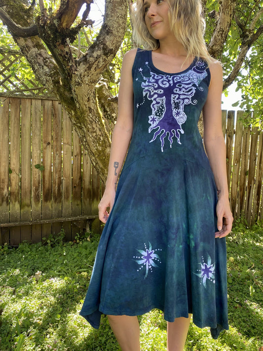 Teal and Purple Tree Loves The Moon Boho Batik Dress Batik Dresses Batikwalla 