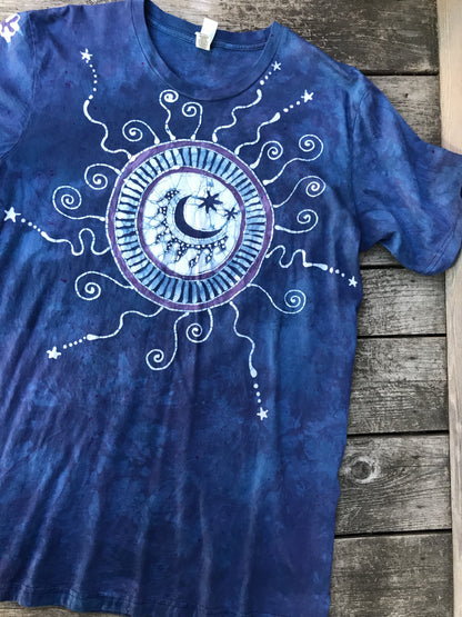 Blue Mandala Moon Swirls Handmade Batik Tshirt - Size 2X TALL tshirt batikwalla 