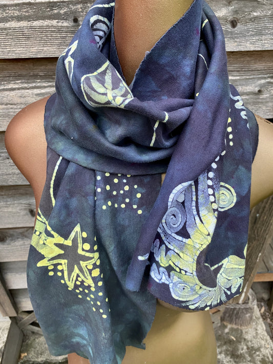 Cloudy Day Sunbeams - Hand Painted Organic Knit Fabric Scarf scarf batikwalla 
