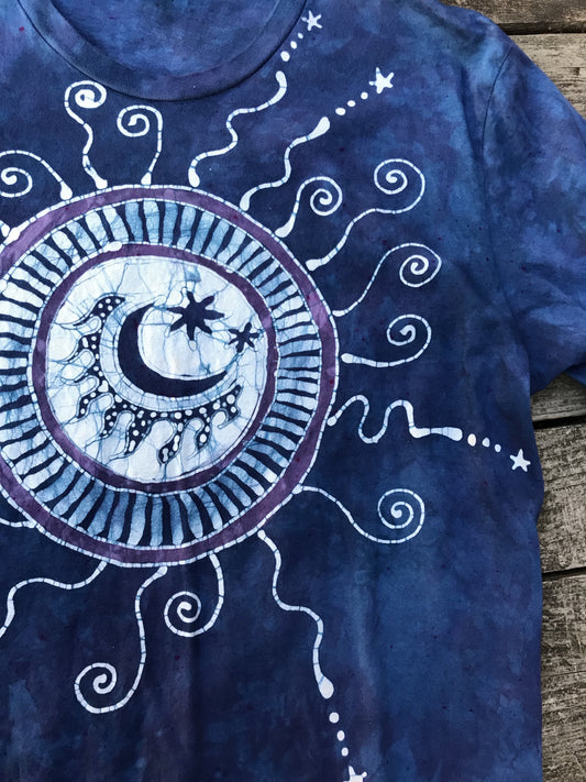 Blue Mandala Moon Swirls Handmade Batik Tshirt - Size 2X TALL tshirt batikwalla 