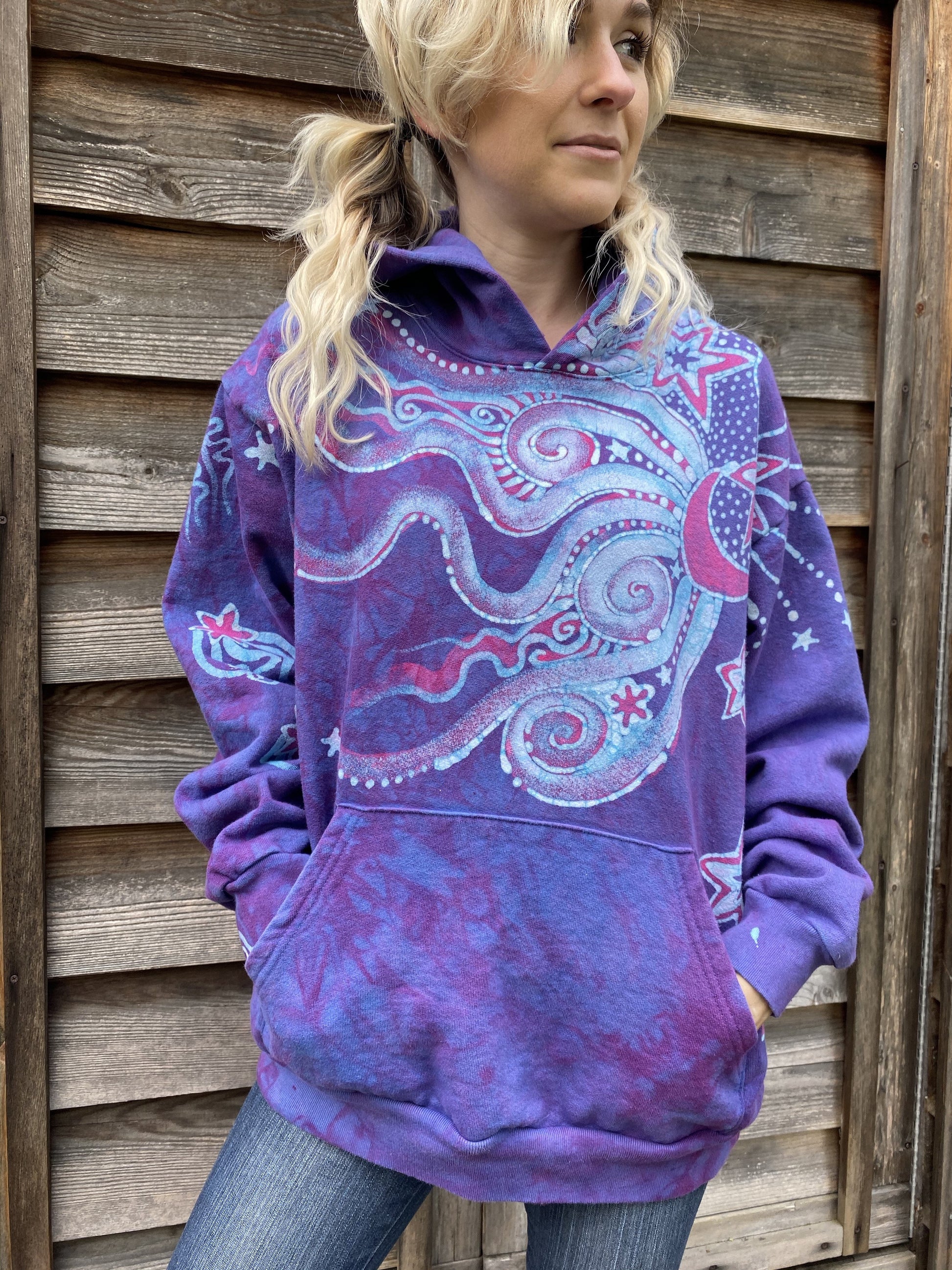 Pretty in Pink Luna Wanderlust Pullover Hoodie - Handcrafted Batik Moons & Stars hoodie batikwalla 