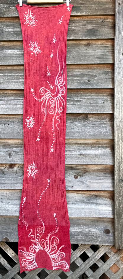 Light Red Sun Stars Handmade Batik Scarf in Organic Cotton - Longer Length