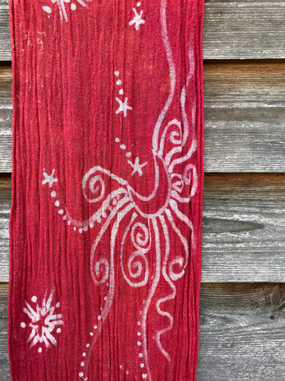 Light Red Sun Stars Handmade Batik Scarf in Organic Cotton - Longer Length