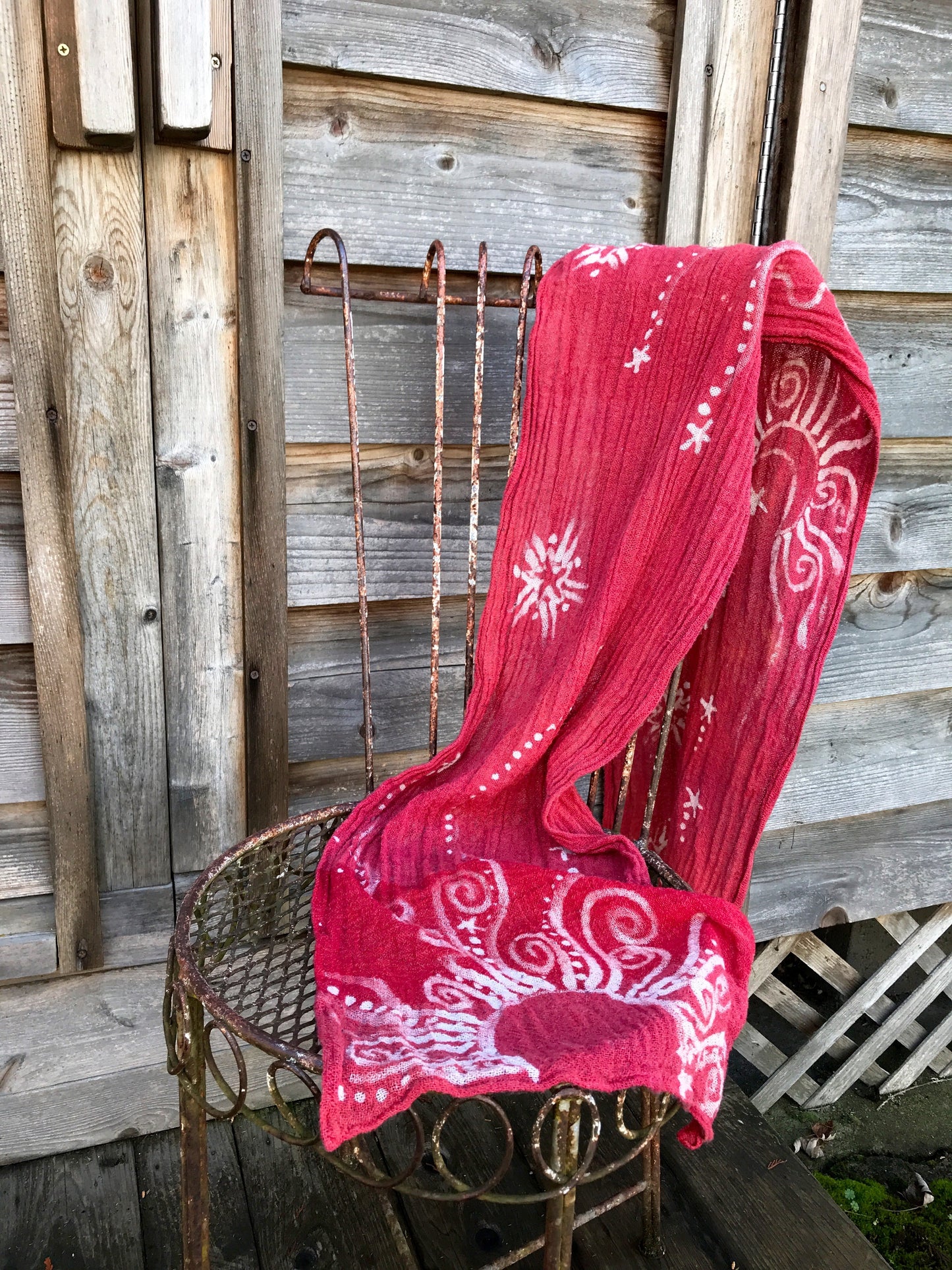 Light Red Sun Stars Handmade Batik Scarf in Organic Cotton - Longer Length