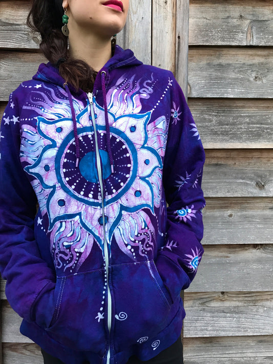 Purple Eclipse Organic Cotton Batik Hoodie - Unisex Size Large