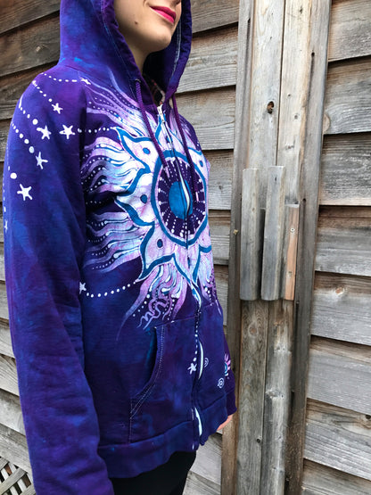 Purple Eclipse Organic Cotton Batik Hoodie - Unisex Size Large