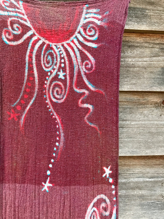 Dark Red Sun and Turquoise Stars Handmade Batik Scarf in Organic Cotton - Longer Length