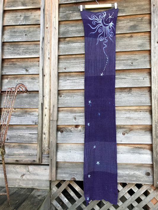 Purple Moon and Stars Handmade Batik Scarf in Organic Cotton - Longer Length