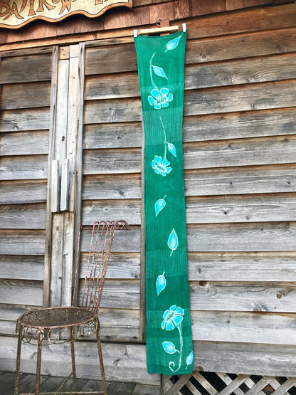 Super Long Spring Green Flower Power Handmade Batik Scarf in Organic Cotton