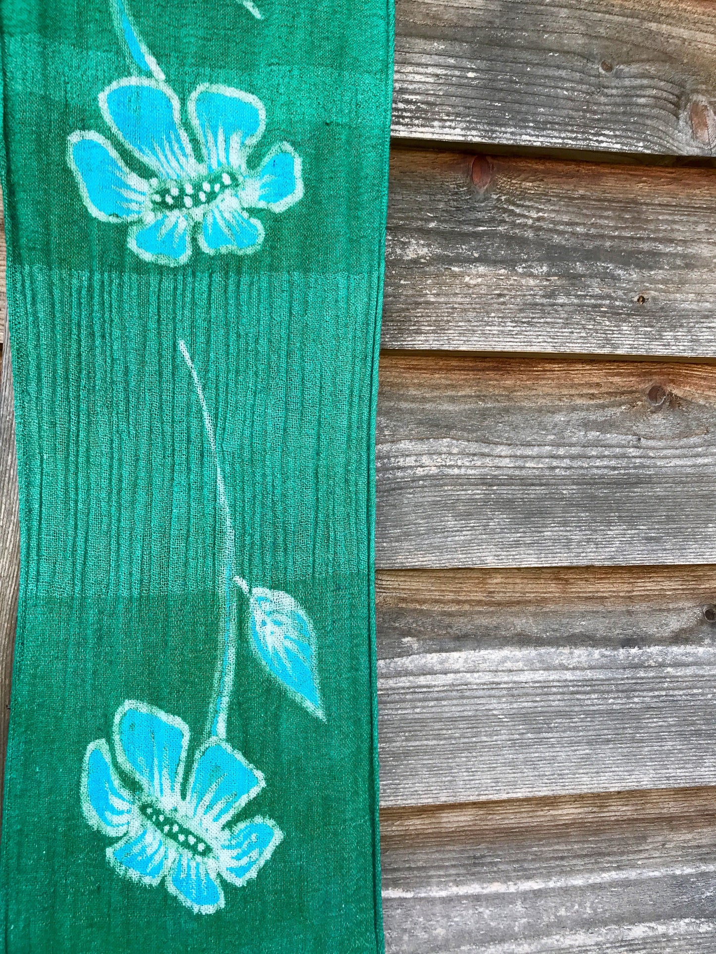 Super Long Spring Green Flower Power Handmade Batik Scarf in Organic Cotton