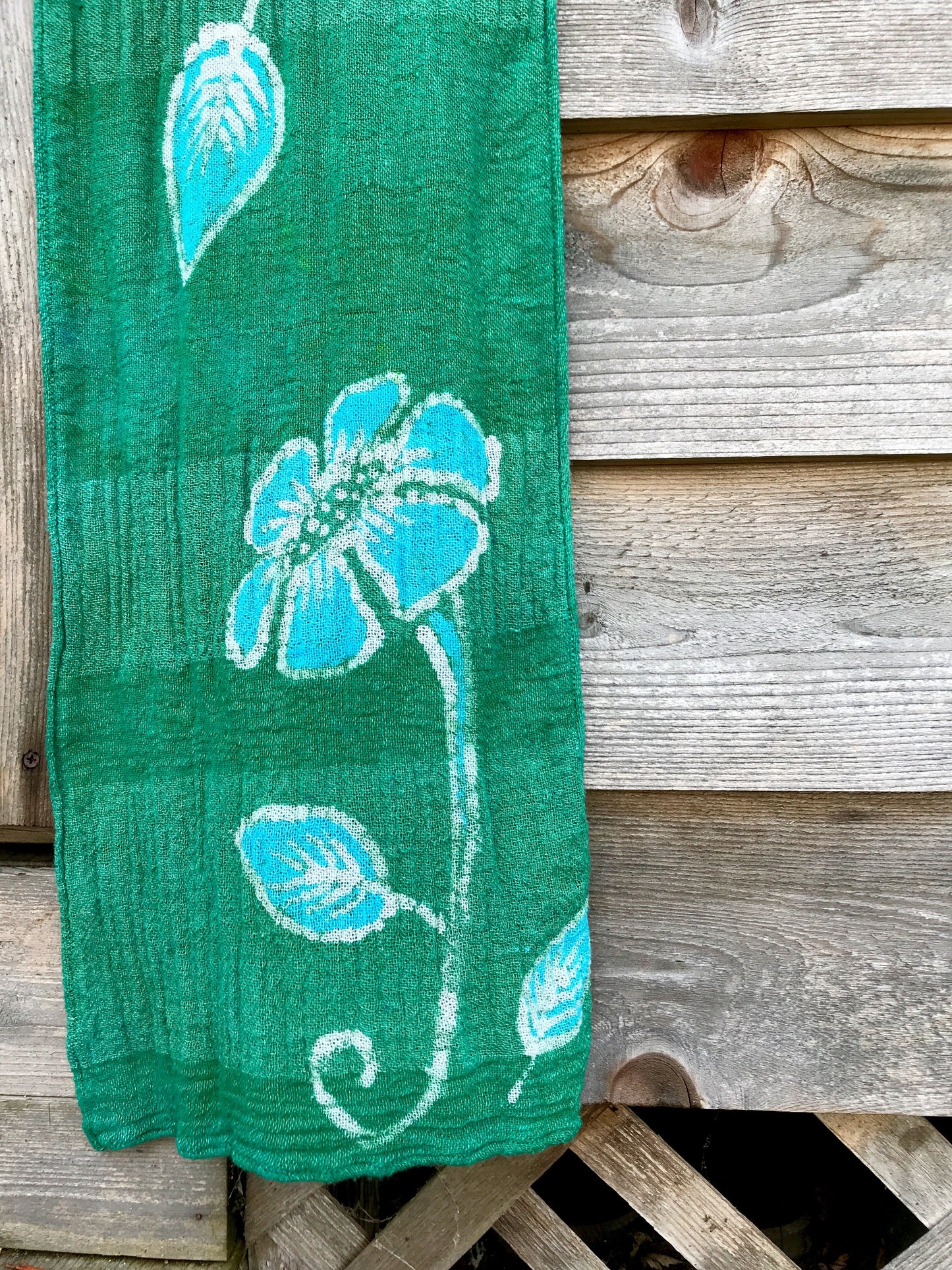 Super Long Spring Green Flower Power Handmade Batik Scarf in Organic Cotton