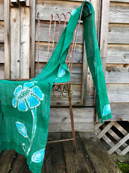 Super Long Spring Green Flower Power Handmade Batik Scarf in Organic Cotton