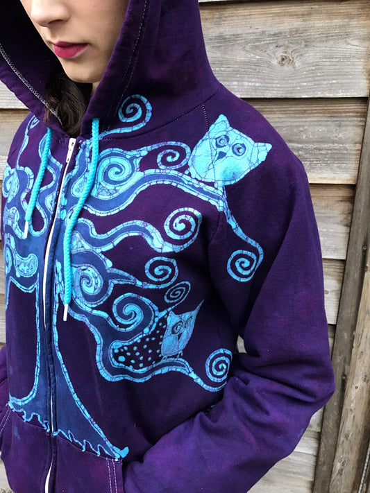 Owls In A Purple Tree Organic Cotton Batik Hoodie