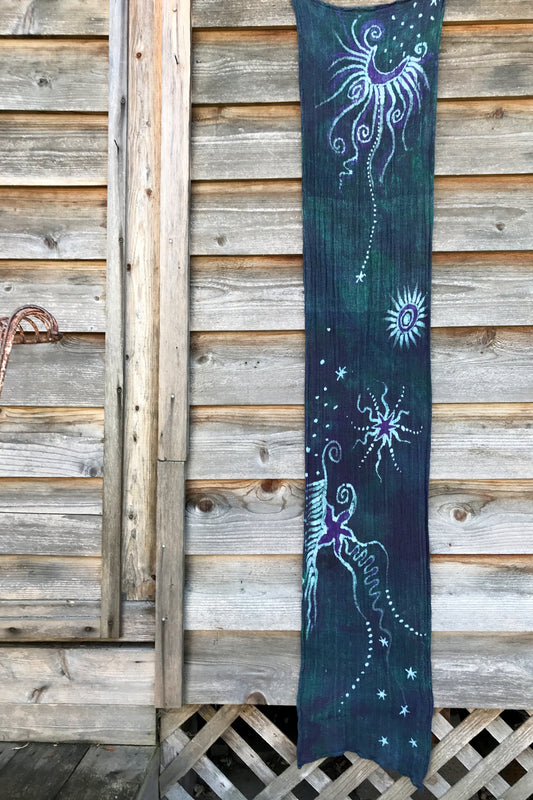 Teal and Purple Handmade Batik Scarf in Organic Cotton - Longer Length