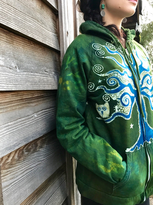 Dancing Green Owls In A Tree Organic Cotton Batik Hoodie - Unisex Size Large