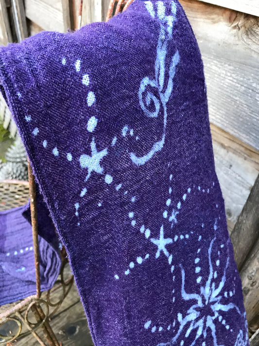 Purple Star Party Handmade Batik Scarf in Organic Cotton - Longer Length