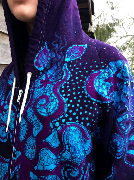 Purple Tree In The Blue Forest Organic Cotton Batik Hoodie