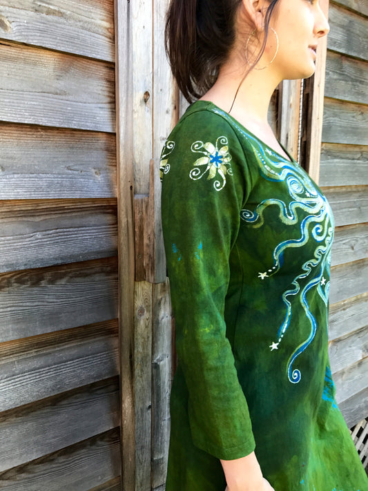 Dancing Green Moonbeams Long Sleeve Batik Dress