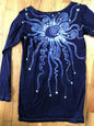 Navy Blue Center Moon & Triple Star Long Sleeve Batik Top - Size Medium